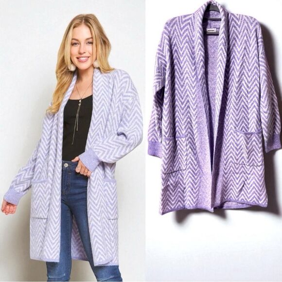Purple White Chevron Sweater Cardigan Size Large NWT - Adora - Picture 2 of 14